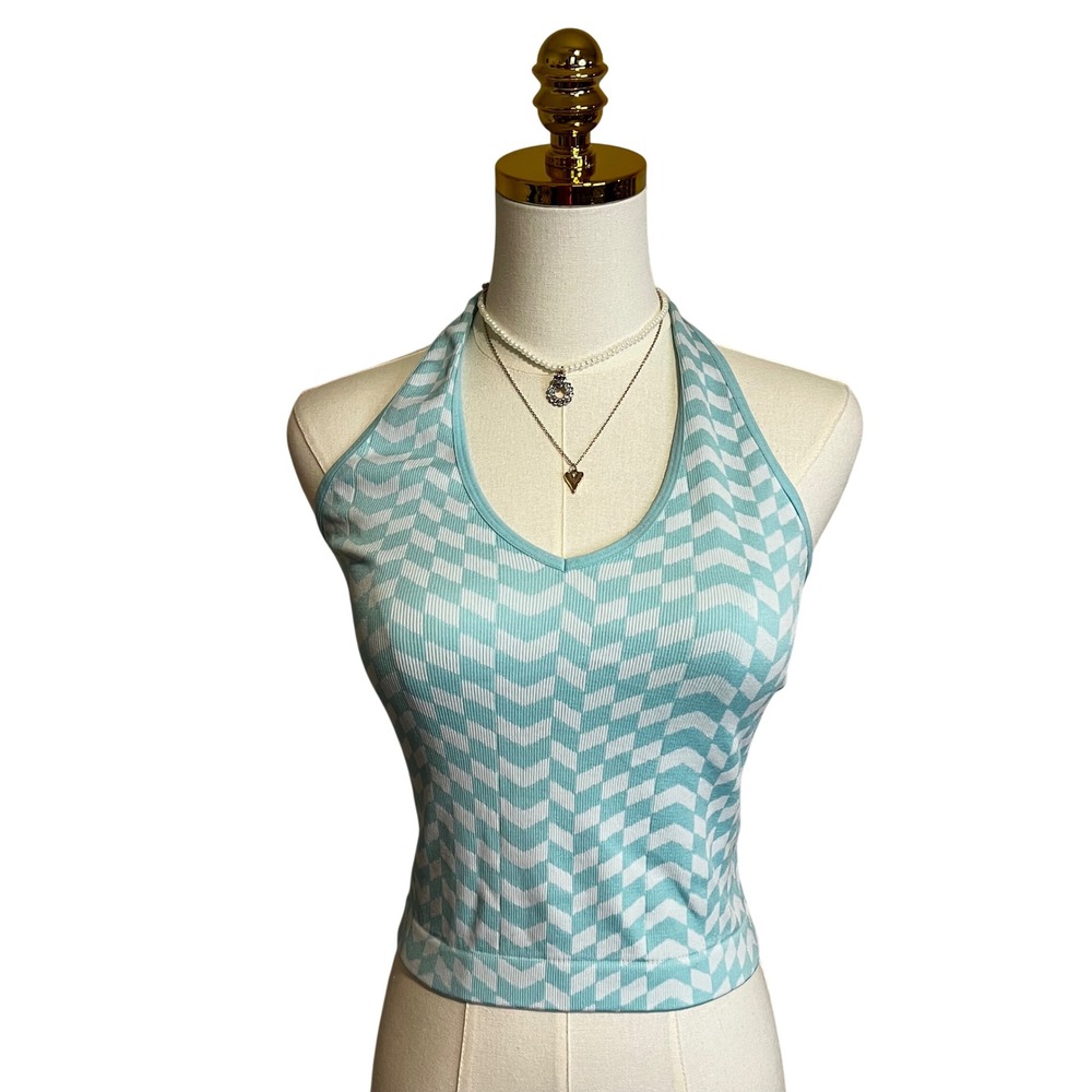 Bella Seamless Light Blue Chevron Checkerboard Halter Crop Top V-Neck Small